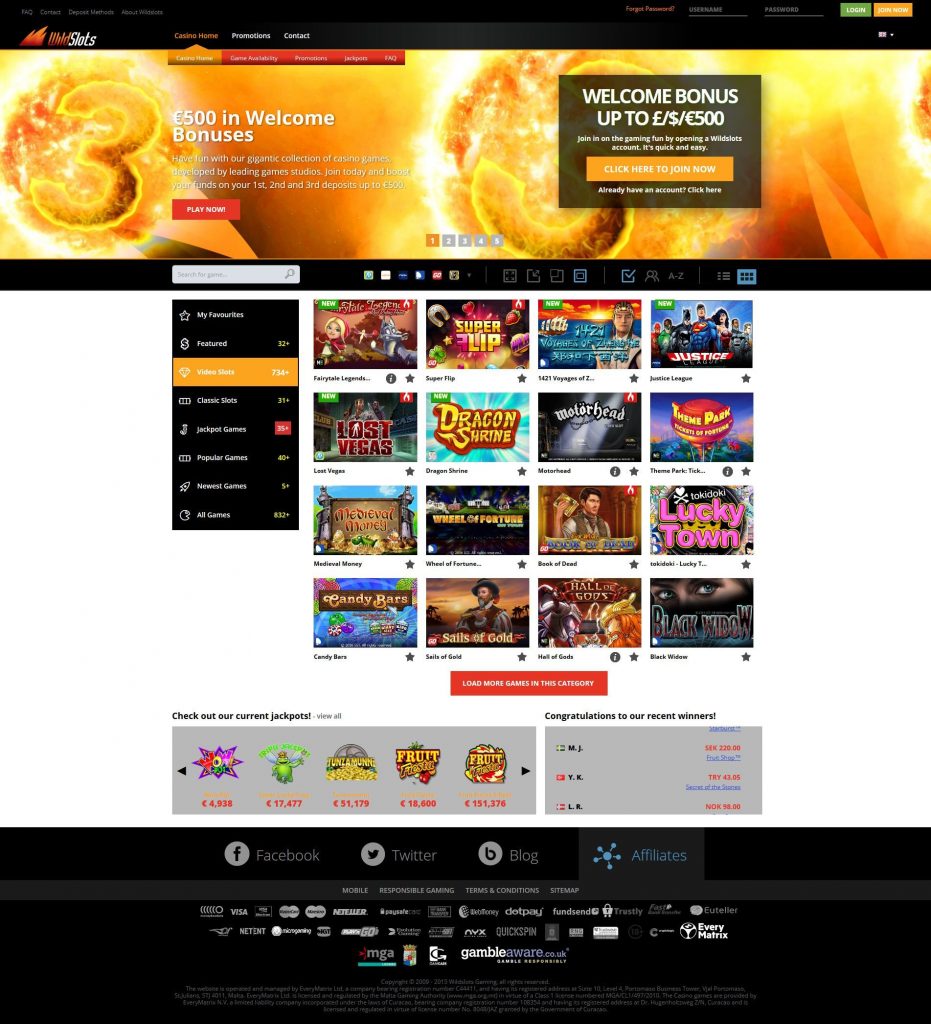 Sitio web oficial del casino WildSlots